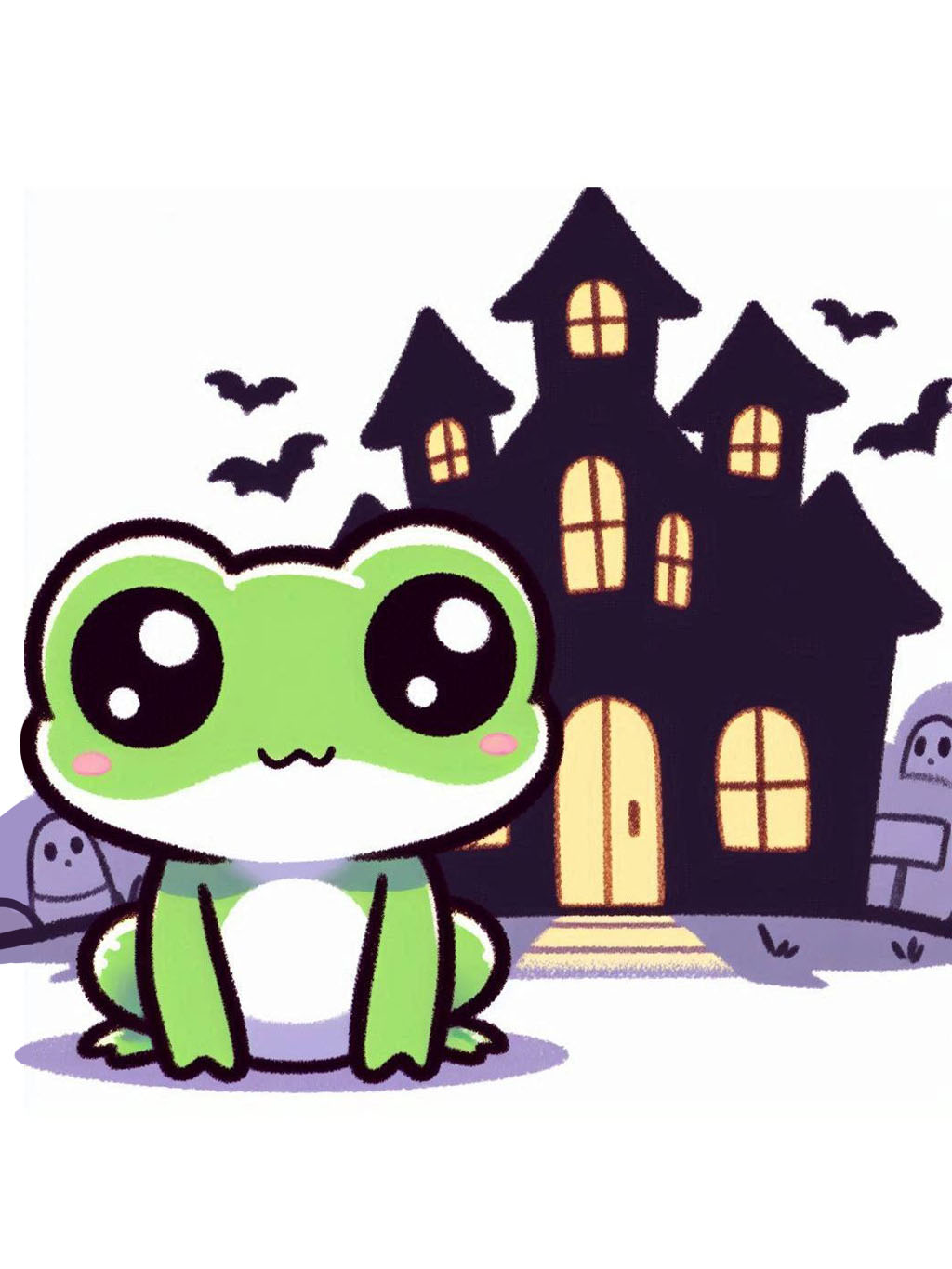 halloween frog drawing ideas, a bright-eyed frog in front of a spooky haunted house with bats flying around.